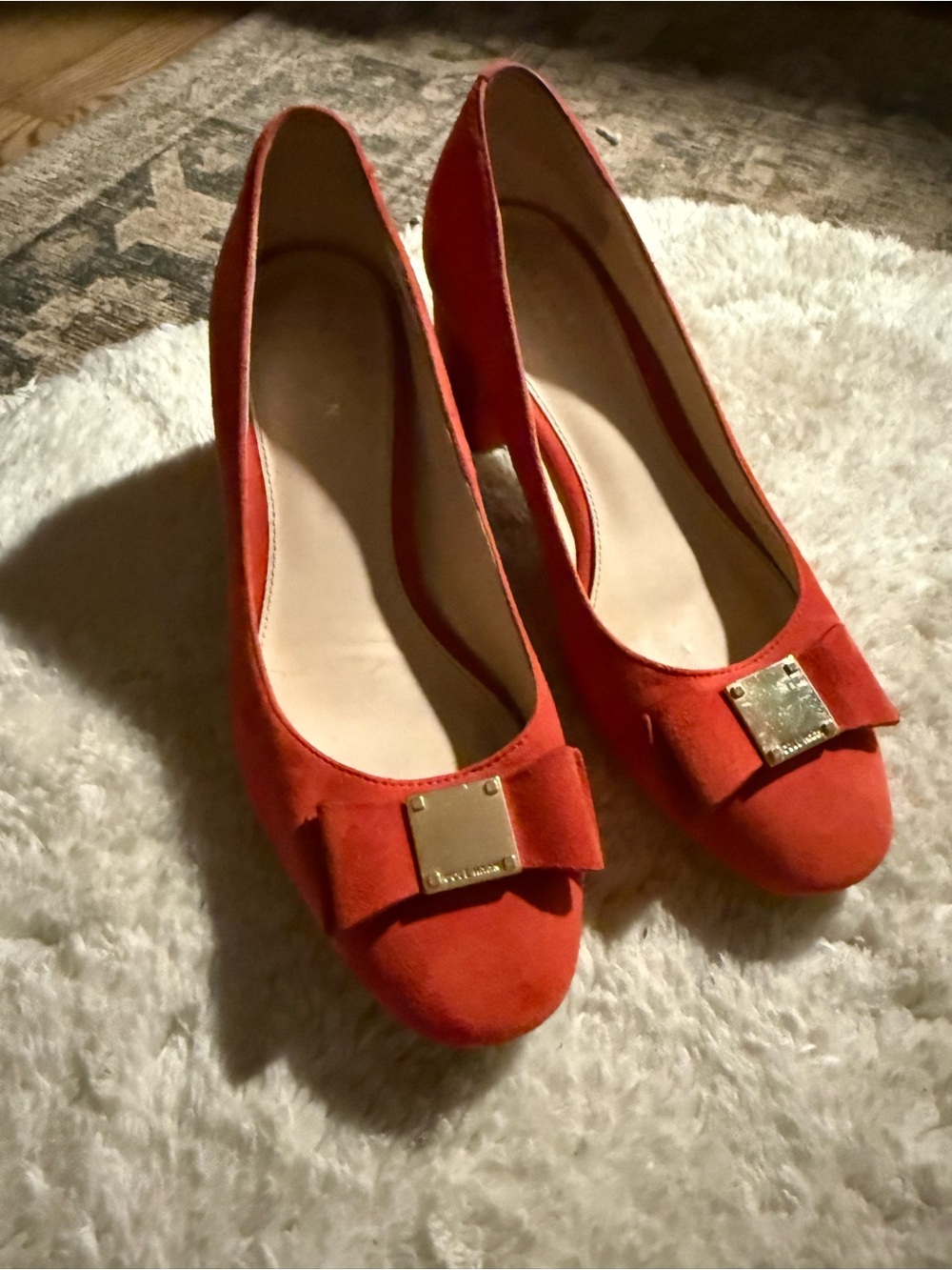 Worn once! Cole Haan Red Suede Bow Pump with Gold Plaque Size 7